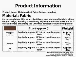 Detailed size chart for Santa and Snowman fabric gift bags with dimensions and weights