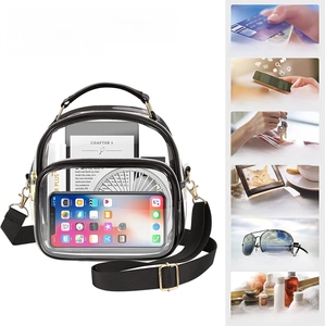 Transparent PVC crossbody bag with black trim showing 2 pockets capacity and daily essentials