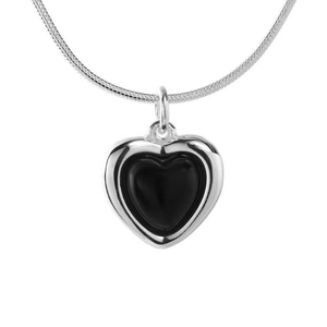 Elegant S925 sterling silver heart necklace with black onyx pendant and sleek snake chain