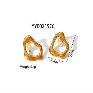 Minimalist gold geometric hollow earrings with pearls and 2.4cm x 1.7cm dimensions