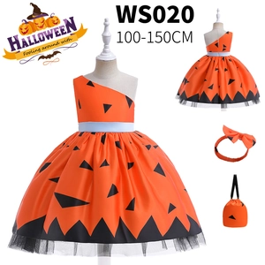 Girl's pumpkin Halloween costume set with tutu dress, headband, and matching candy bag