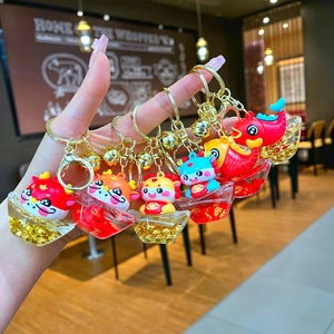 Cartoon dragon and koi fish keychains with gold ingots and lucky charms for car keys