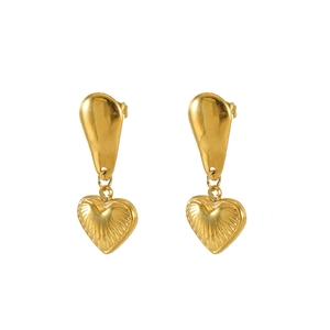 Elegant gold titanium heart earrings with teardrop stud and vintage radial texture