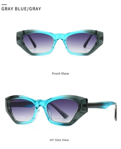 Dettaglio lenti sfumate blu grigio con montature cat eye color petrolio traslucido