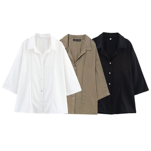 Linen V-neck long sleeve shirt and wide leg pants set in white, olive and black