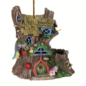 Detail of fairy tree house ornament with colorful windows, birds and flower textures