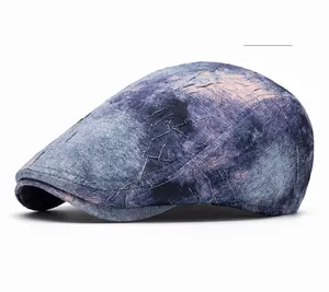 Close-up of Color 5 tie-dye beret showing blue and purple marble texture on fabric