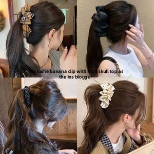Detail showing various patterns like polka dots and plaid on stylish banana hair clips
