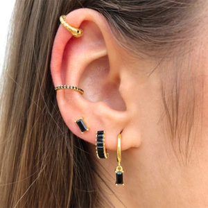 Bohemian gold and black crystal earring set featuring snake ear cuffs and hoop earrings