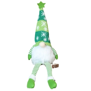 Glow Christmas gnome doll with green snowflake knit hat and long legs on white backdrop