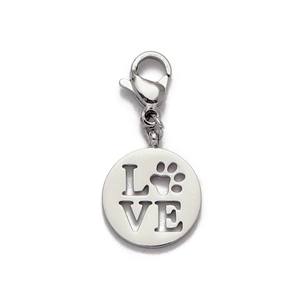 Detail of silver stainless steel round pendant with LOVE text and paw print engraving