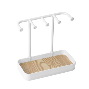 White metal jewelry stand with 4 hooks and wooden base tray for necklaces and rings