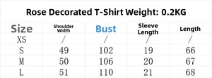 Tableau des tailles détaillé pour le T-shirt orné de roses avec mesures en centimètres