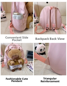 Pink nylon backpack detail showing side pockets, reinforced straps, and plush capybara charm