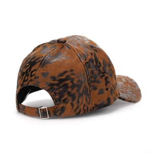 Classic leopard print baseball cap featuring an adjustable metal buckle and dark brown texture