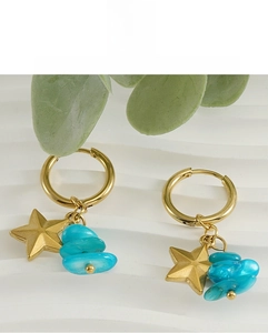 Macro detail of 18k gold star earrings featuring tiered irregular blue natural stone beads