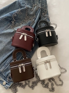 Mini sacs cylindriques vintage en bordeaux, noir, marron foncé et blanc avec chaîne