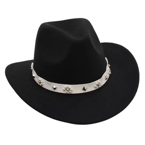 Close-up detail of a black wool cowboy hat featuring white pearl and silver stud band.