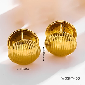 Detailed macro view showing the 14mm height and 15mm width of these gold ribbed hoop earrings