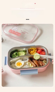 Detailed view of 3-compartment bento box with stainless steel tray and cute rabbit lid