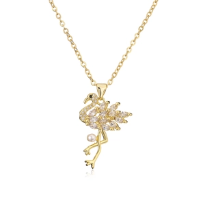 Golden flamingo pendant necklace featuring a pearl body and colorful zircon gemstones