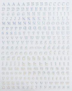 Macro view of holographic 3D laser letter nail art stickers showing full A-Z alphabet