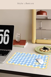 Detail of blue plaid desk mat with yellow wavy edges and Unexpected Laugh text