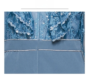 Vue détaillée de la dentelle bleue à paillettes argentées et taille rayée