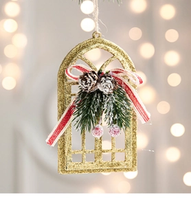 Golden glitter arch window ornament with pine cones, berries and ribbon detail