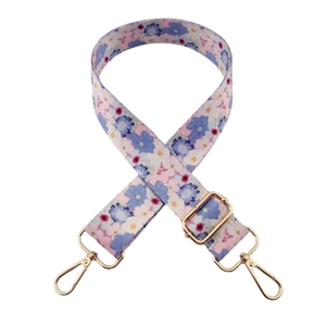 Tracolla regolabile con stampa floreale blu e rosa e ganci in metallo dorato per borse