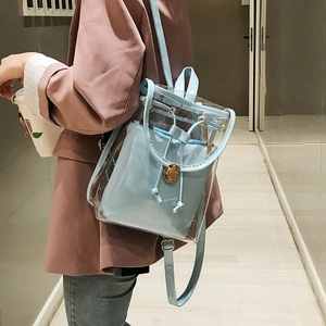 Minimalist clear PVC backpack with light blue inner pouch and gold metallic hardware