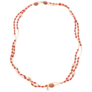 Double-layered stone beaded necklace with gold rose charms and red crystal accents
