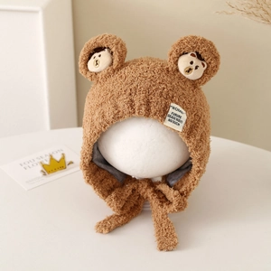 Winter plush baby bear ear hat in brown lamb wool with earflaps and chin straps