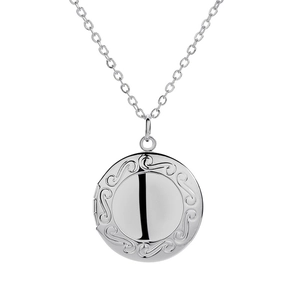 Silver round floating locket necklace with vintage floral scroll embossing on white background