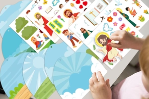 Juego de pegatinas DIY de la historia de Jesús para Pascua con fondos religiosos para niños