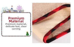 Detail of Christmas table runner showing burlap texture with red and black plaid borders
