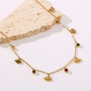 Luxurious 18k gold plated stainless steel necklace with colorful agate and evil eye charms