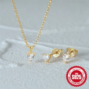 Golden S925 sterling silver heart necklace and stud earrings jewelry set with clear zircons