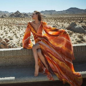 Elegant V-neck long sleeve printed cover-up dress with high slit in fiery orange tones