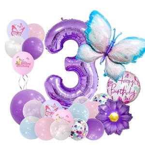 Purple butterfly 3rd birthday balloon set with number 3 and happy birthday latex balloons