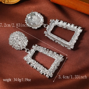 Detail view of large silver rectangle earrings showing dimensions 7.2cm by 3.4cm and weight