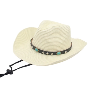 Detail of Panama straw cowboy hat with turquoise leather band and adjustable chin strap