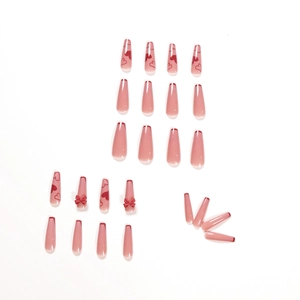 Pink coffin press-on nails with red heart patterns and 3D bowknot decorations set