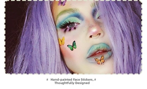 Macro detail of colorful butterfly face tattoo stickers on model skin for party makeup