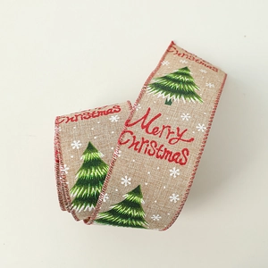 Linen style Christmas ribbon with green trees and Merry Christmas print for gift wrapping