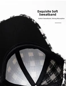 Close-up of cotton sweatband and plaid fabric on the interior of the winter baseball cap