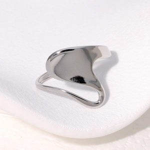 Minimalist silver irregular open ring with abstract curved design in polished stainless steel