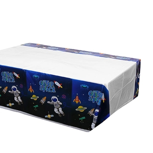Space-themed rectangle tablecloth featuring astronauts, rockets, and planets in blue and white