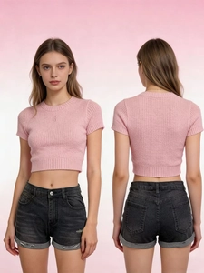 Slim fit pink knit crop top and black denim shorts set shown in front and back view