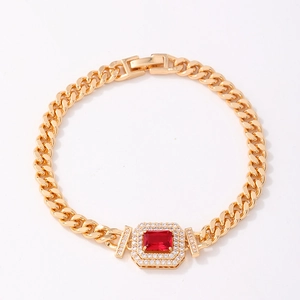 Golden Cuban link bracelet with rectangle red zircon centerpiece and halo crystal stones